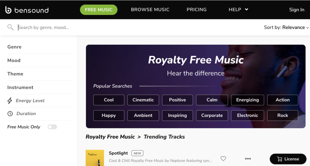 Screenshot of Bensound royalty-free music library