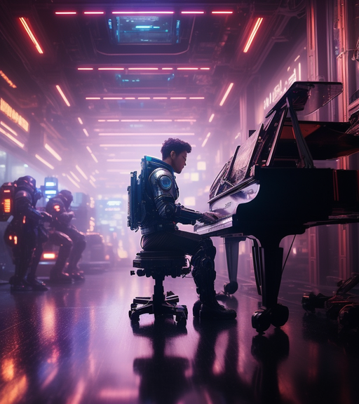 sci-fi astronaut playing piano