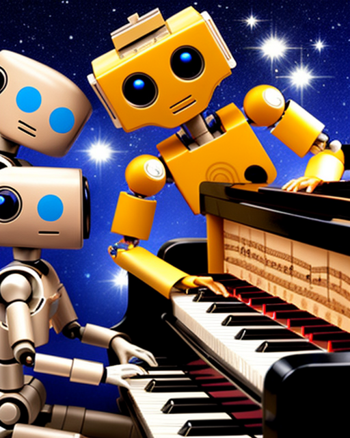 robots playing piano as background music for a video or a game