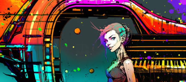 An ink punk drawing of a girl standing in a spaceship