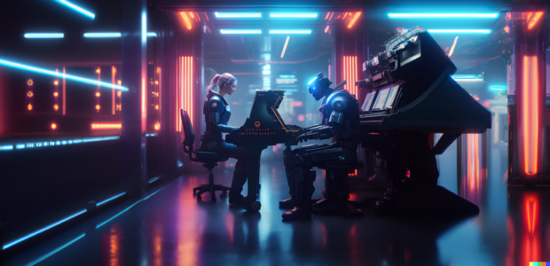 futuristic girl and a robot playing piano together