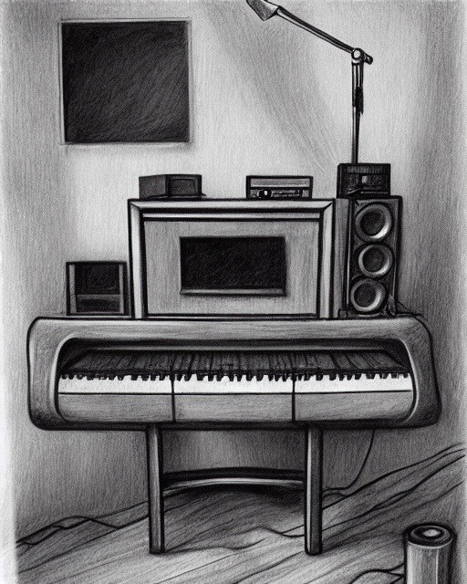 pencil drawing of a synthesizer with speakers in a tiny studio