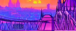 Bridge and parliament in Budapest, painting in synthwave style