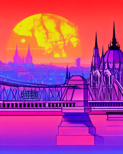 Bridge and parliament in Budapest, painting in synthwave style