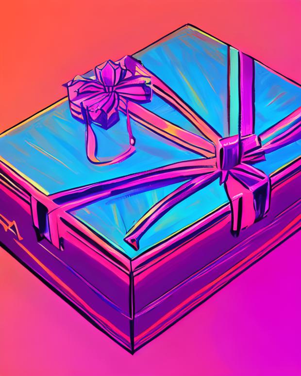 Very colorful painting of a wrapped gift box