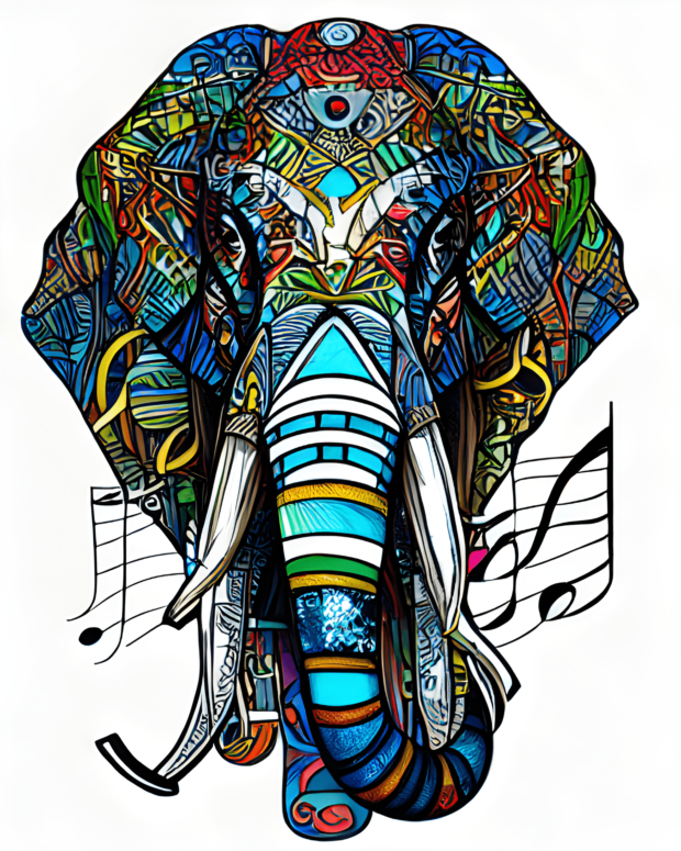 Colorful elephant with some music notes in the background